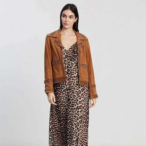 MINISTRY OF STYLE Grain Leather Suede Tan Jett Studded Jacket RRP$689 - Picture 6 of 12